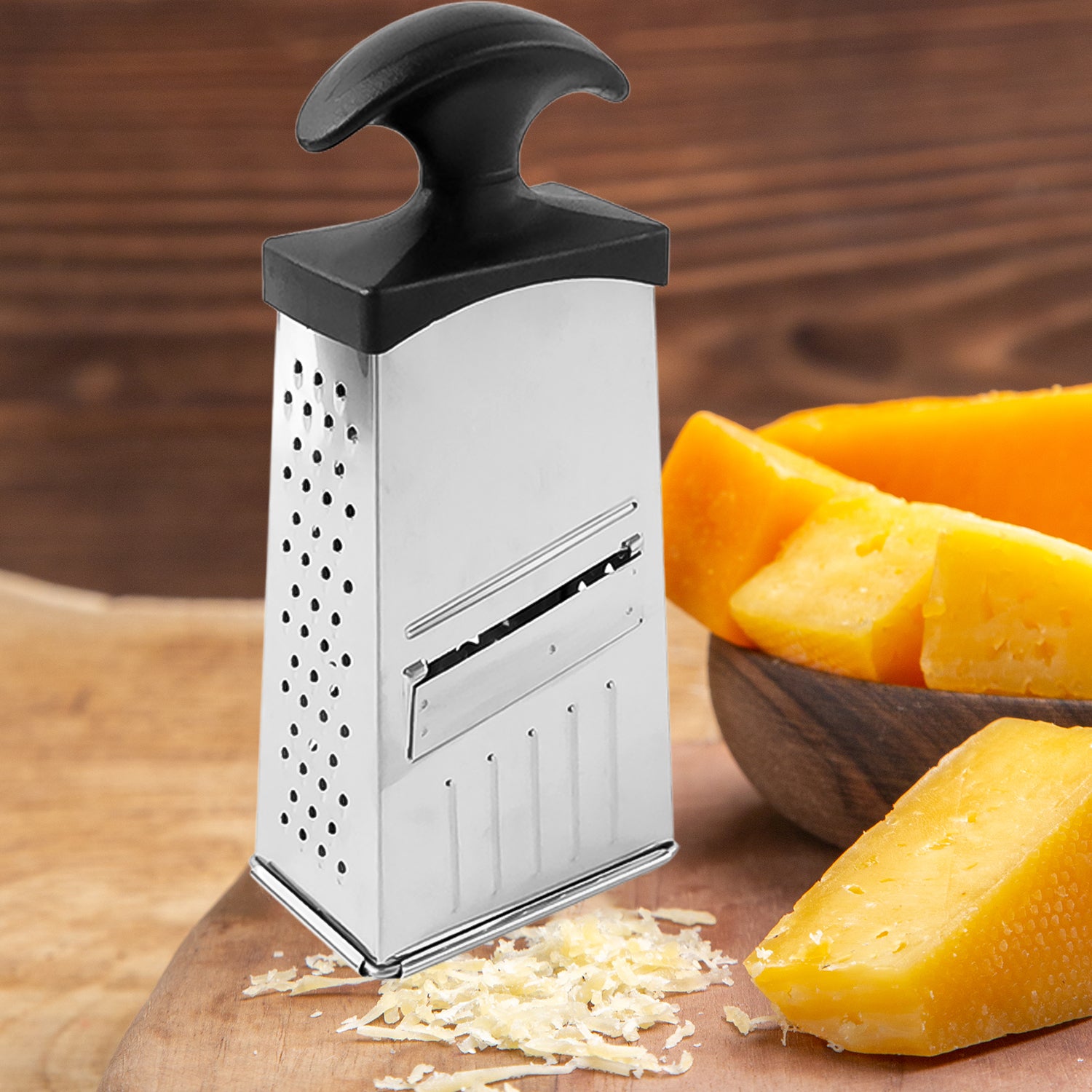 Wukusy Apex Classic 4-in-1 stainless steel grater and slicer with handle for versatile food prep in the kitchen