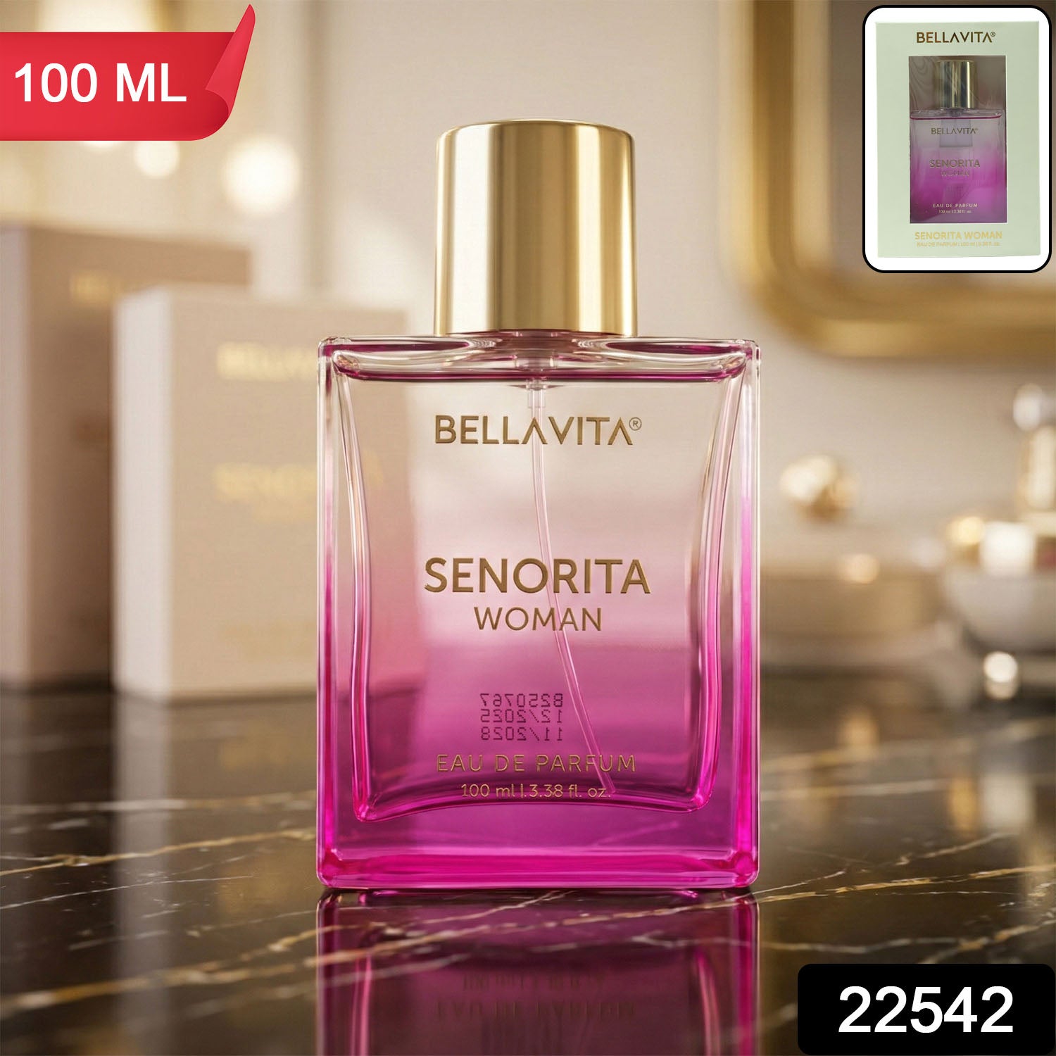 Bellavita Premium Senorita Woman Eau de Perfume bottle from Wukusy, 100ml, with elegant floral design and sleek glass packaging.