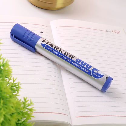 Whiteboard marker with blue ink from Wukusy, featuring a jumbo tip, suitable for office use, shown on a whiteboard surface.
