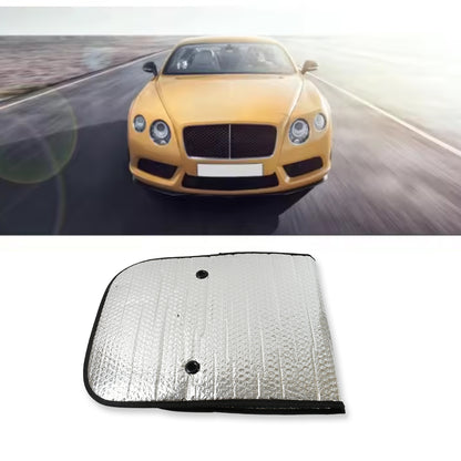 Wukusy car windshield sun shade blocking UV rays, keeps vehicle cool, fits cars, SUVs, trucks, and vans, shown in use.