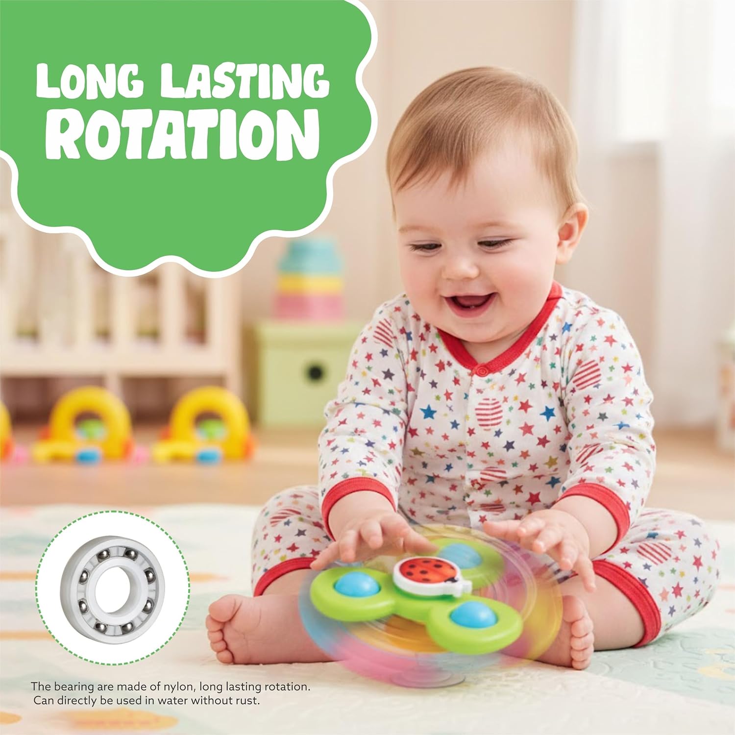 Colorful Wukusy baby spinner toy set with three sensory spin toys attached to suction cups for infants' sensory play.