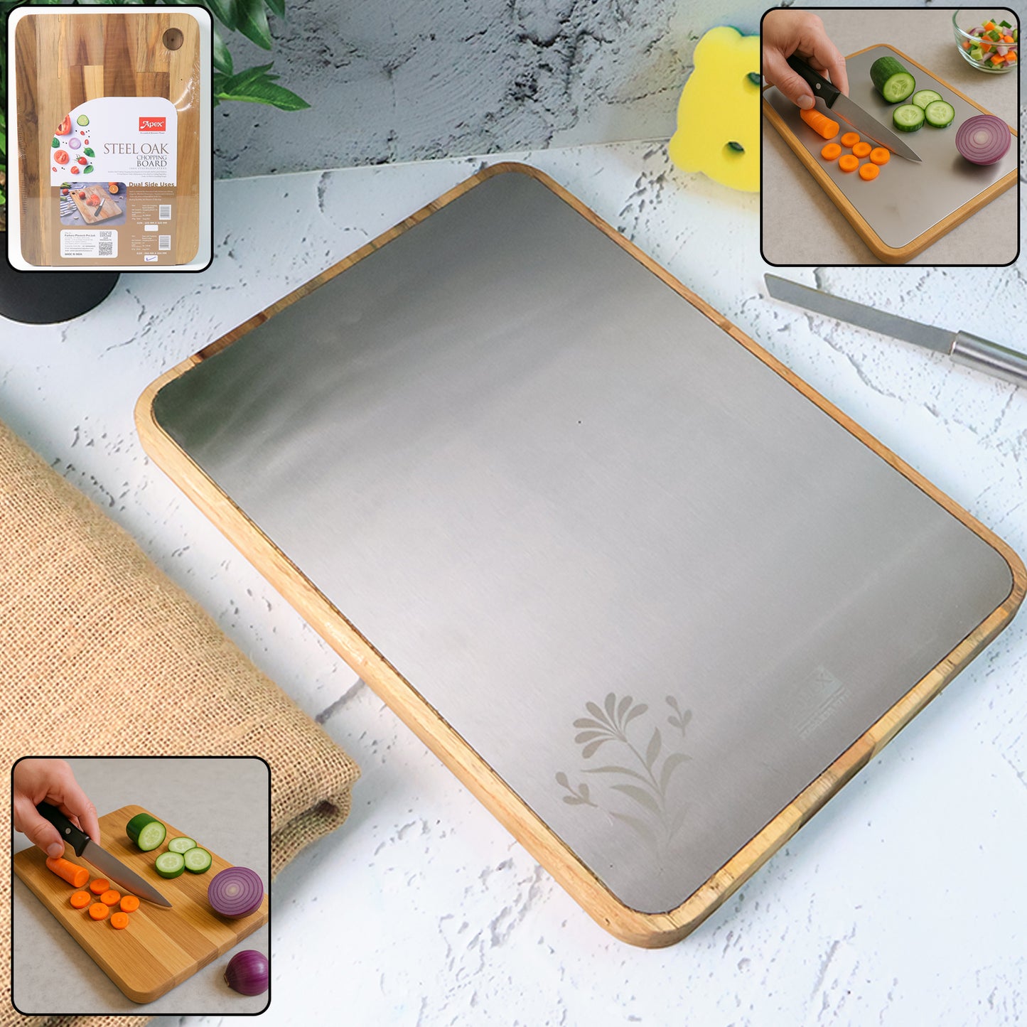 Wukusy Apex Steel Oak cutting board with wooden handle for kitchen prep, featuring a durable steel and oak design.