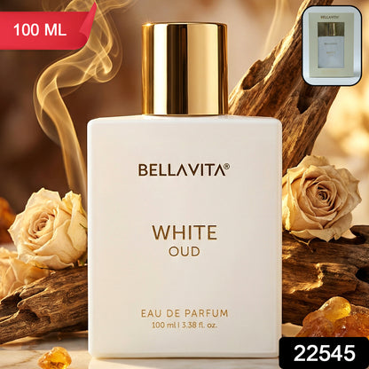 Bellavita Premium White Oud Eau De Perfume by Wukusy, 100ml bottle with elegant white packaging and gold accents.