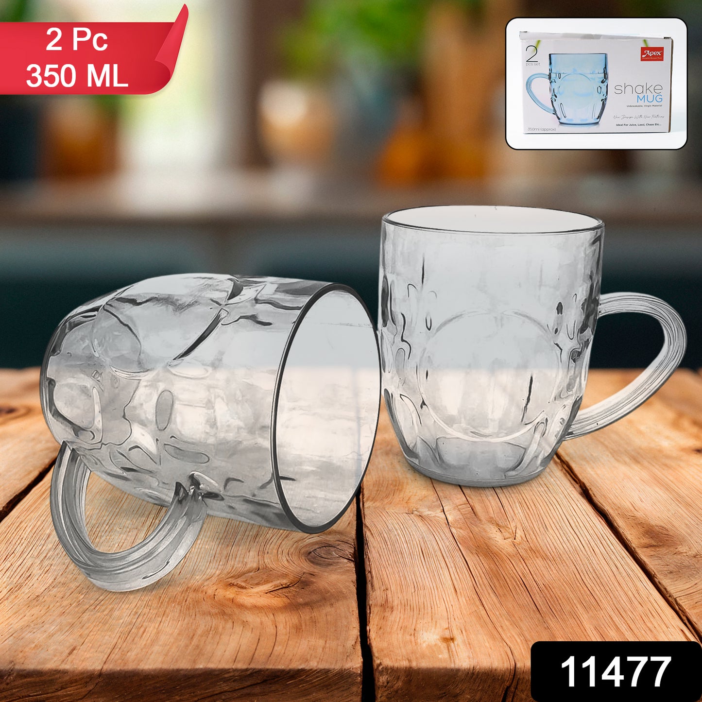 Two durable plastic Apex Shake Mugs by Wukusy, 350ml capacity, shown with ergonomic handles and vibrant colors.