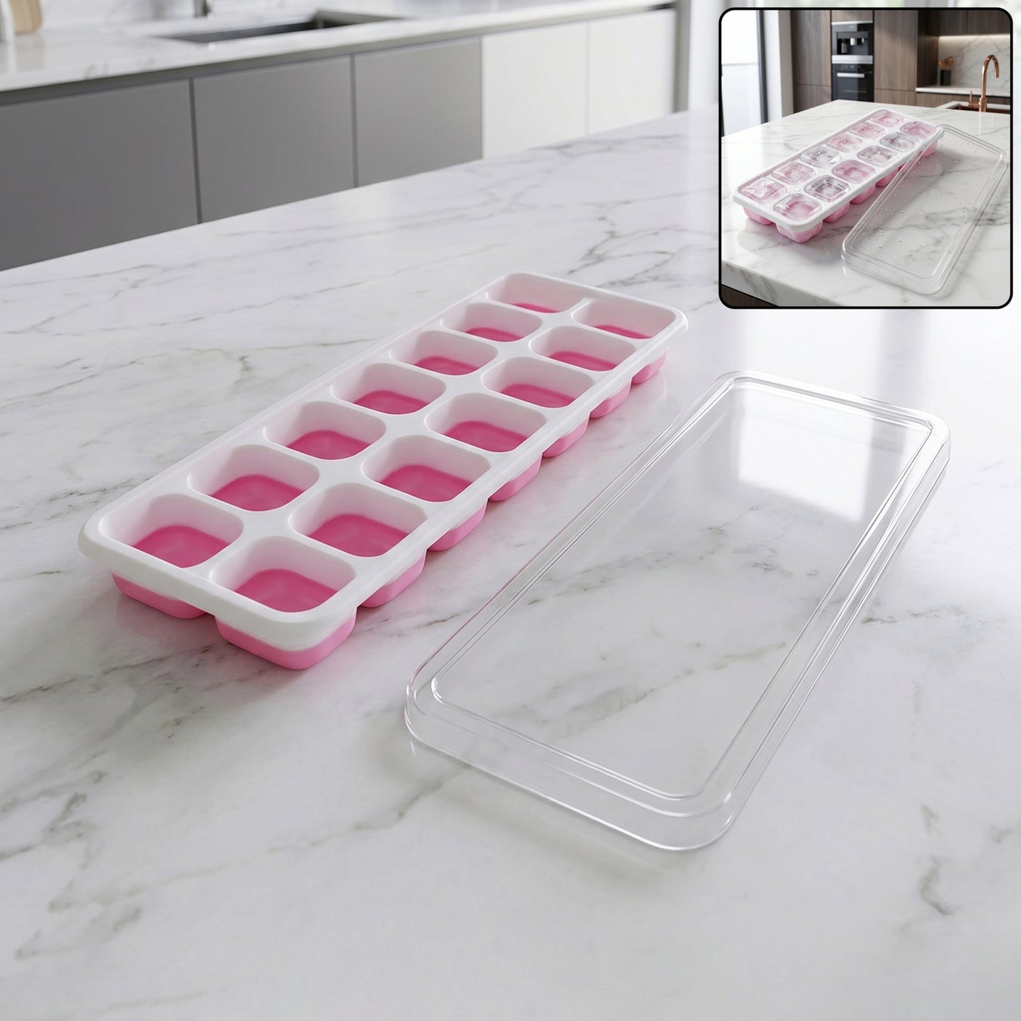 Pink Wukusy multipurpose plastic ice cube tray with lid, 14-grid, designed for easy ice and food storage.