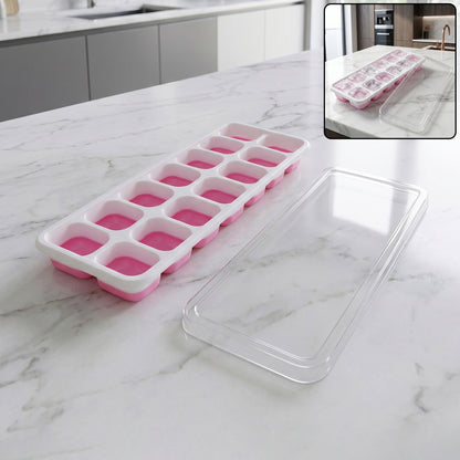 Pink Wukusy multipurpose plastic ice cube tray with lid, 14-grid, designed for easy ice and food storage.