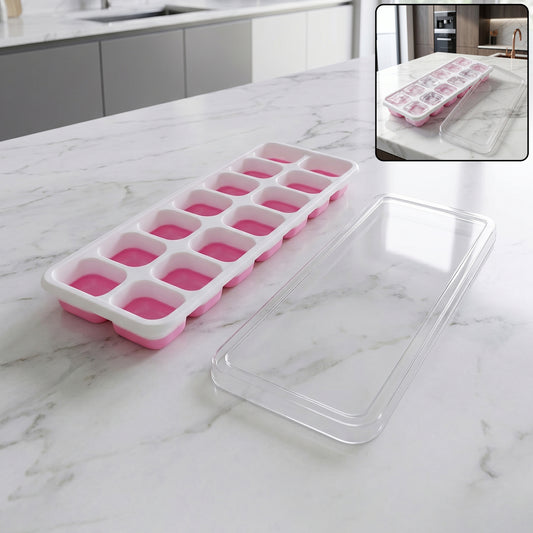 Pink Wukusy multipurpose plastic ice cube tray with lid, 14-grid, designed for easy ice and food storage.