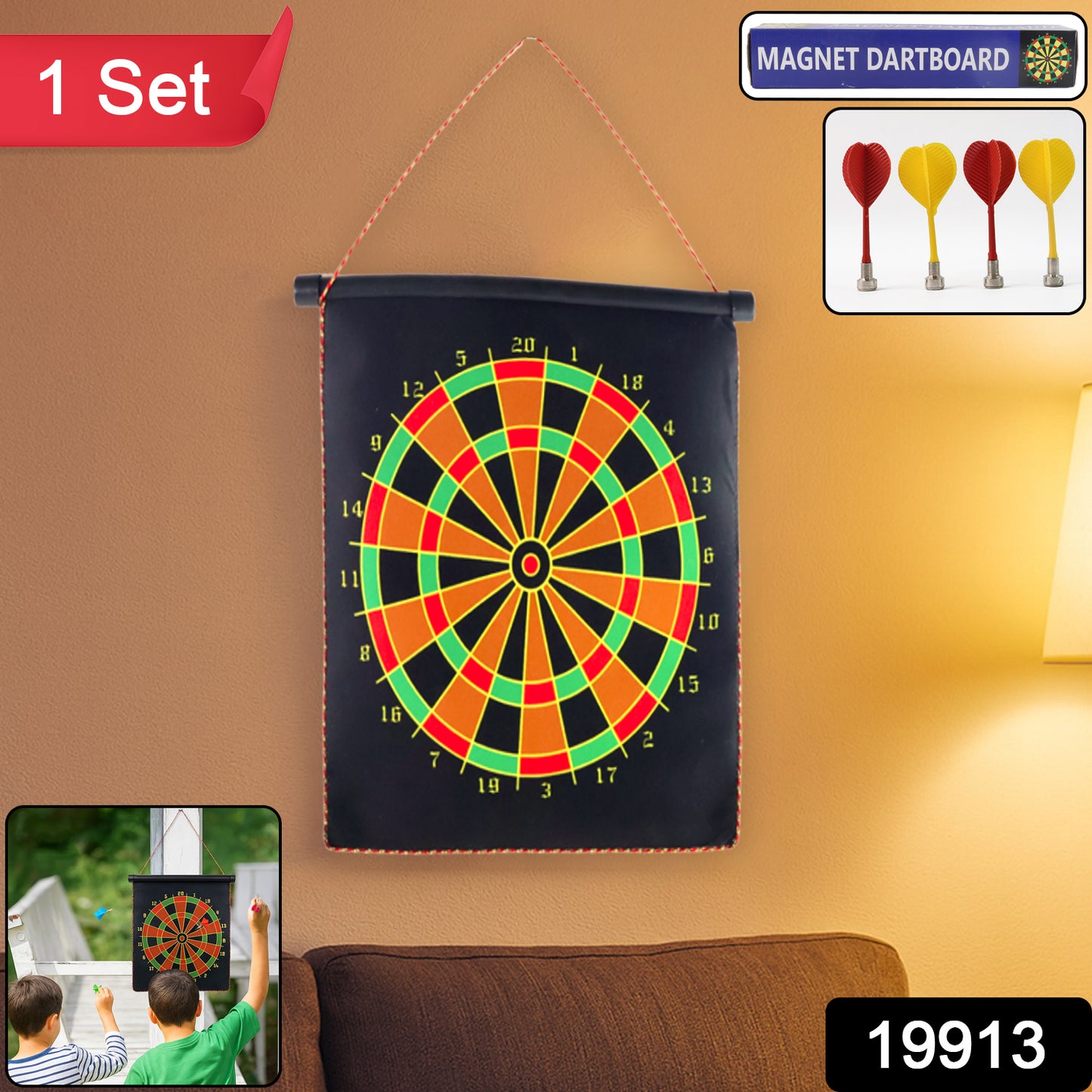 Wukusy 12-inch magnetic roll-up dartboard game with colorful darts and a flexible surface for indoor play.