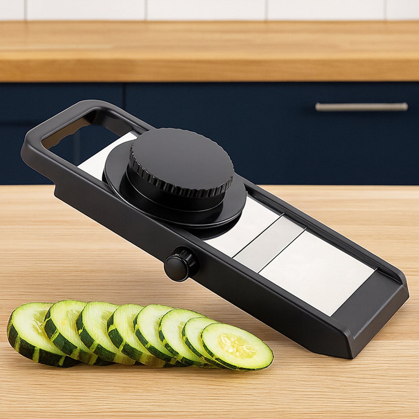 Wukusy premium adjustable vegetable and fruit slicer with sharp stainless steel blades on a kitchen countertop.