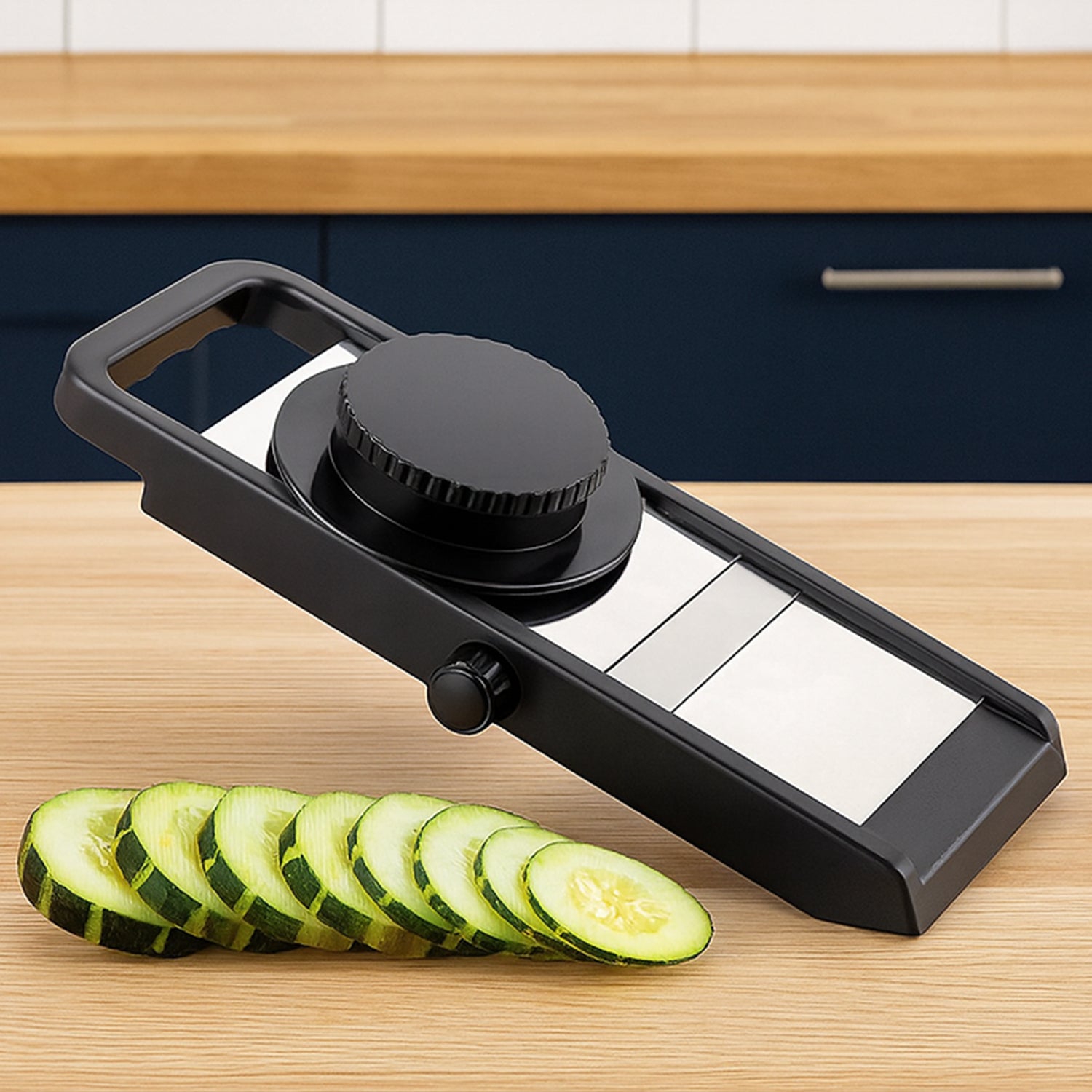 Wukusy premium adjustable vegetable and fruit slicer with sharp stainless steel blades on a kitchen countertop.
