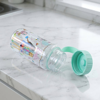 Kids printed water bottle by Wukusy, 400 ml capacity, featuring colorful cartoon designs on a clear plastic bottle.