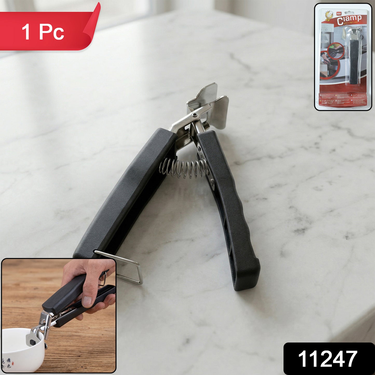 Heavy duty Wukusy universal pot and pan gripper clamp holding cookware securely in a kitchen setting.