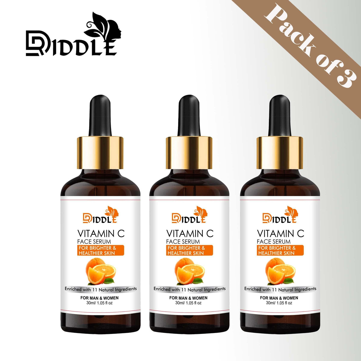 Three bottles of Driddle Vitamin C Face Serum by Drpshippr, featuring clear glass bottles with dropper caps for skincare.