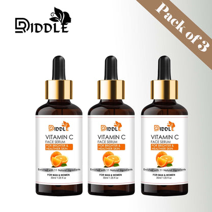 Three bottles of Driddle Vitamin C Face Serum by Drpshippr, featuring clear glass bottles with dropper caps for skincare.