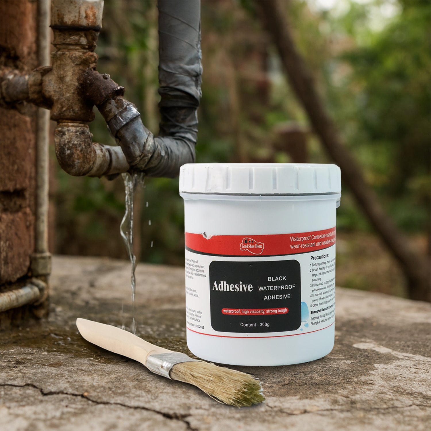Black waterproof adhesive paste by Wukusy, 300g, in a set, shown in a tube ready for home improvement repairs and sealing tasks.