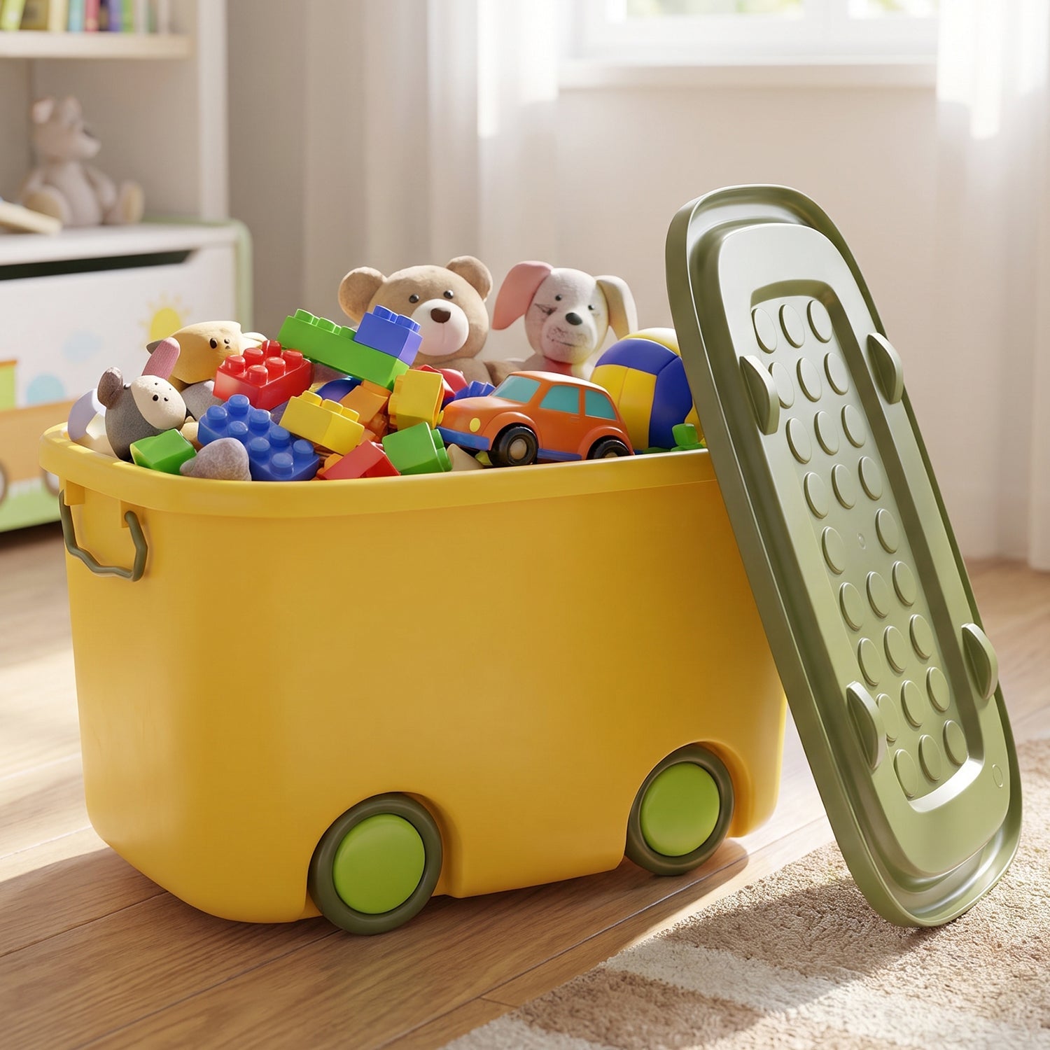 Wukusy 25L rolling storage container box with wheels and lid, ideal for toy organization and storage.