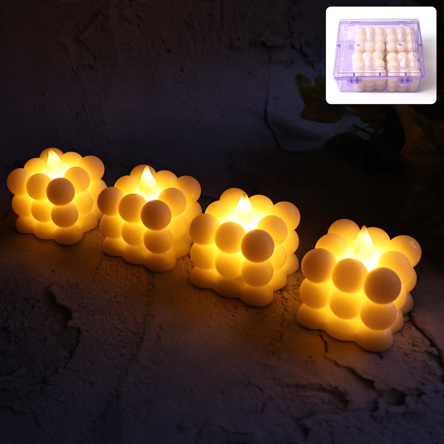 Set of four Wukusy decorative LED bubble candles for home decor, featuring glowing, bubble-like designs in a sleek style.