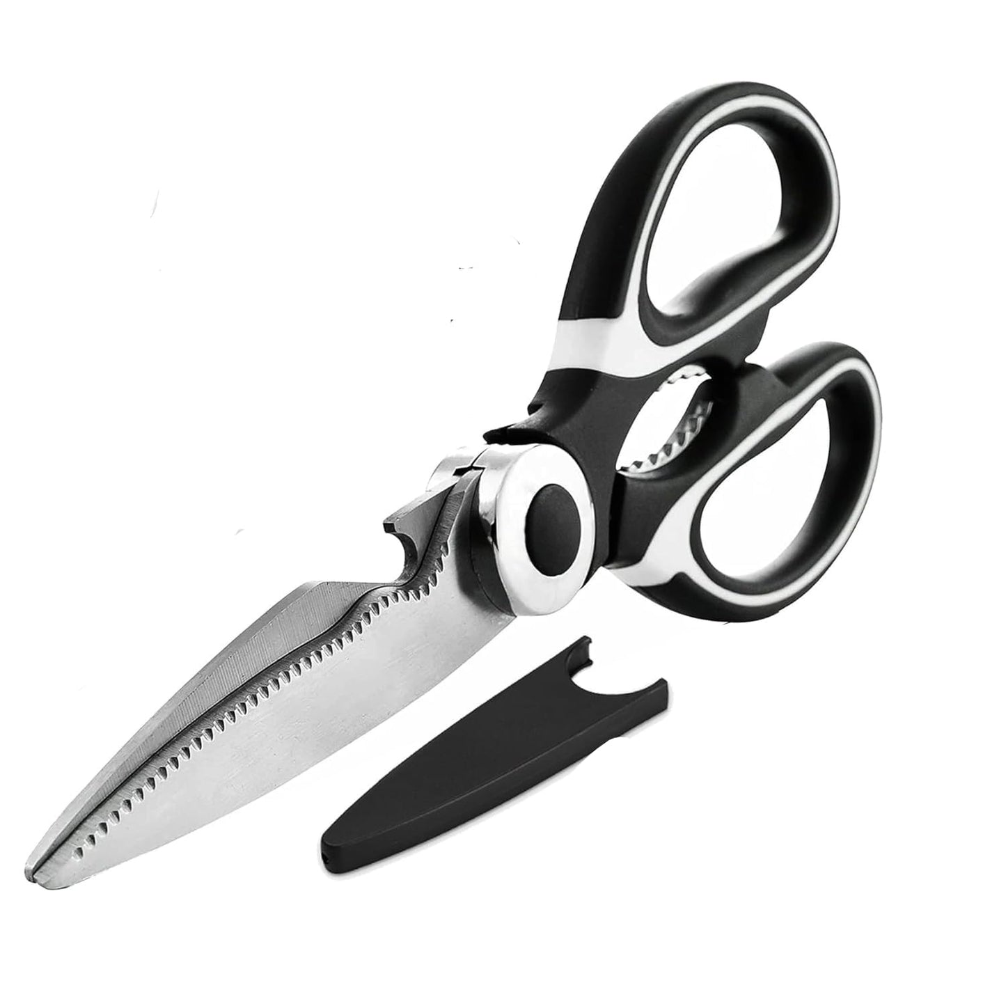 Wukusy 3-in-1 multipurpose kitchen scissors with steel blades, designed for cutting, opening bottles, and food prep.