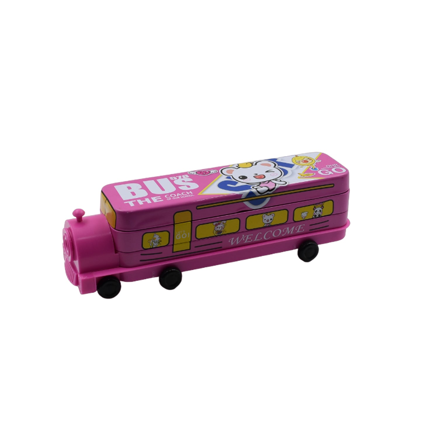 Wukusy Double Decker Magic Bus metal pencil case with movable wheels, sharpener, and tiered compartments in bus shape for kids.