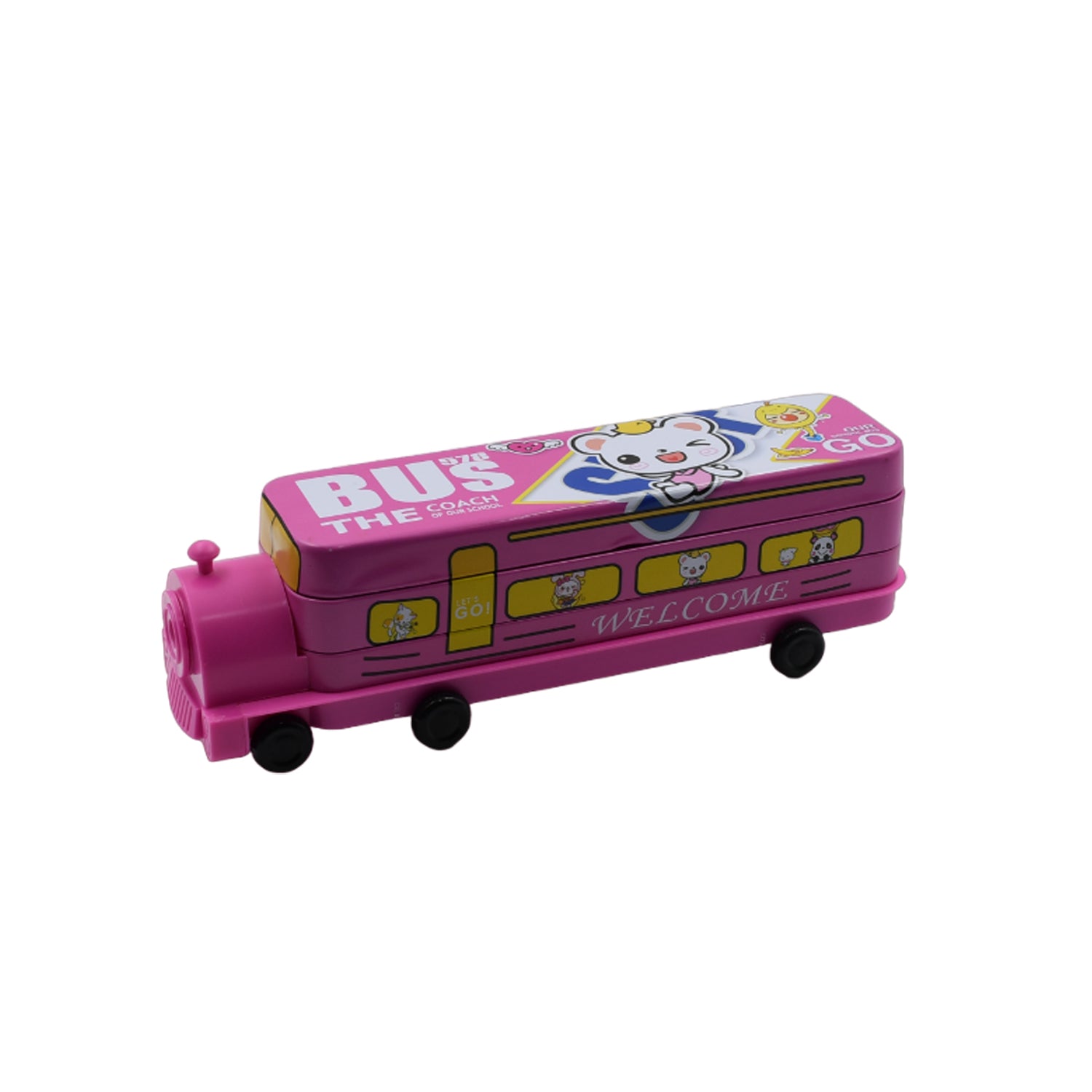 Wukusy Double Decker Magic Bus metal pencil case with movable wheels, sharpener, and tiered compartments in bus shape for kids.