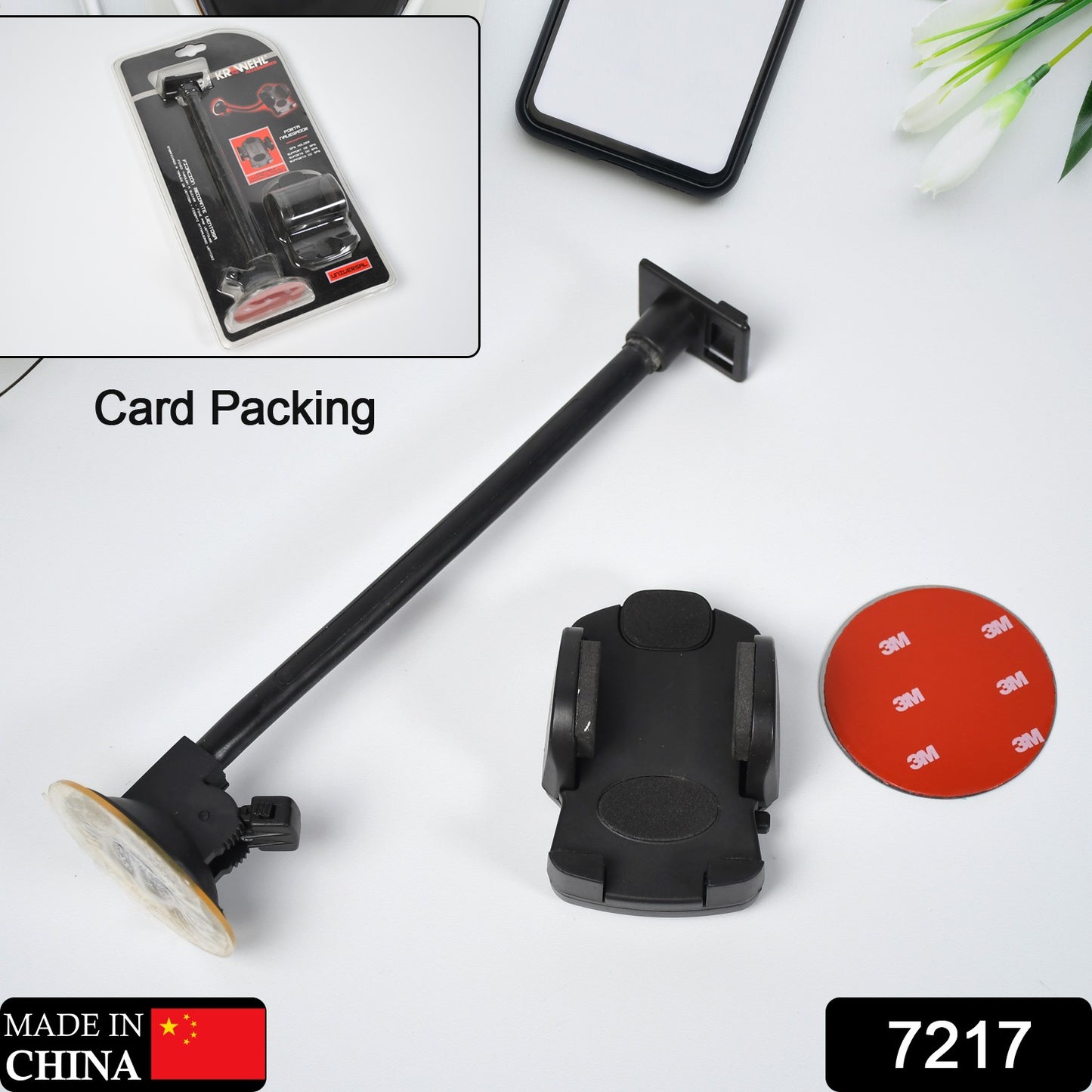 Wukusy 7217 long mobile phone holder with strong suction cup, 27cm arm for car windscreen and dashboard mounting.