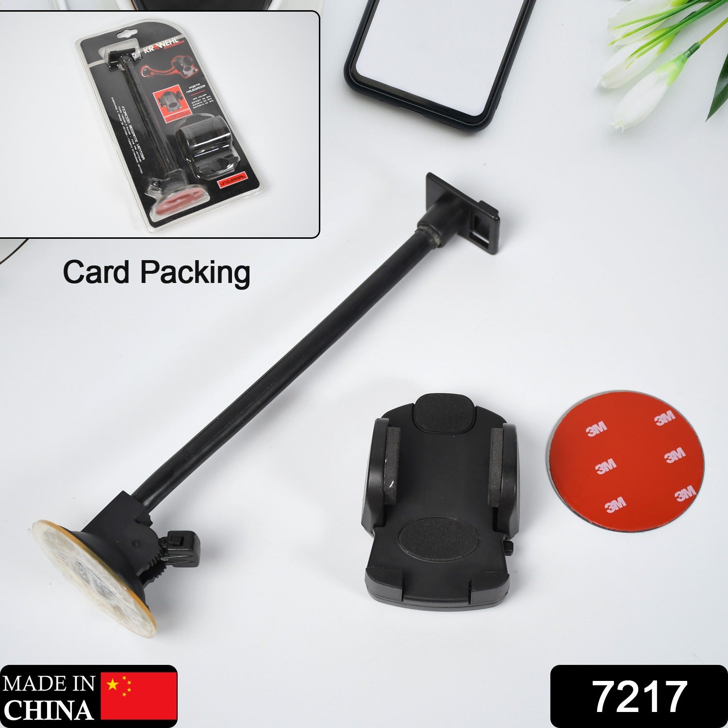 Wukusy 7217 long mobile phone holder with strong suction cup, 27cm arm for car windscreen and dashboard mounting.