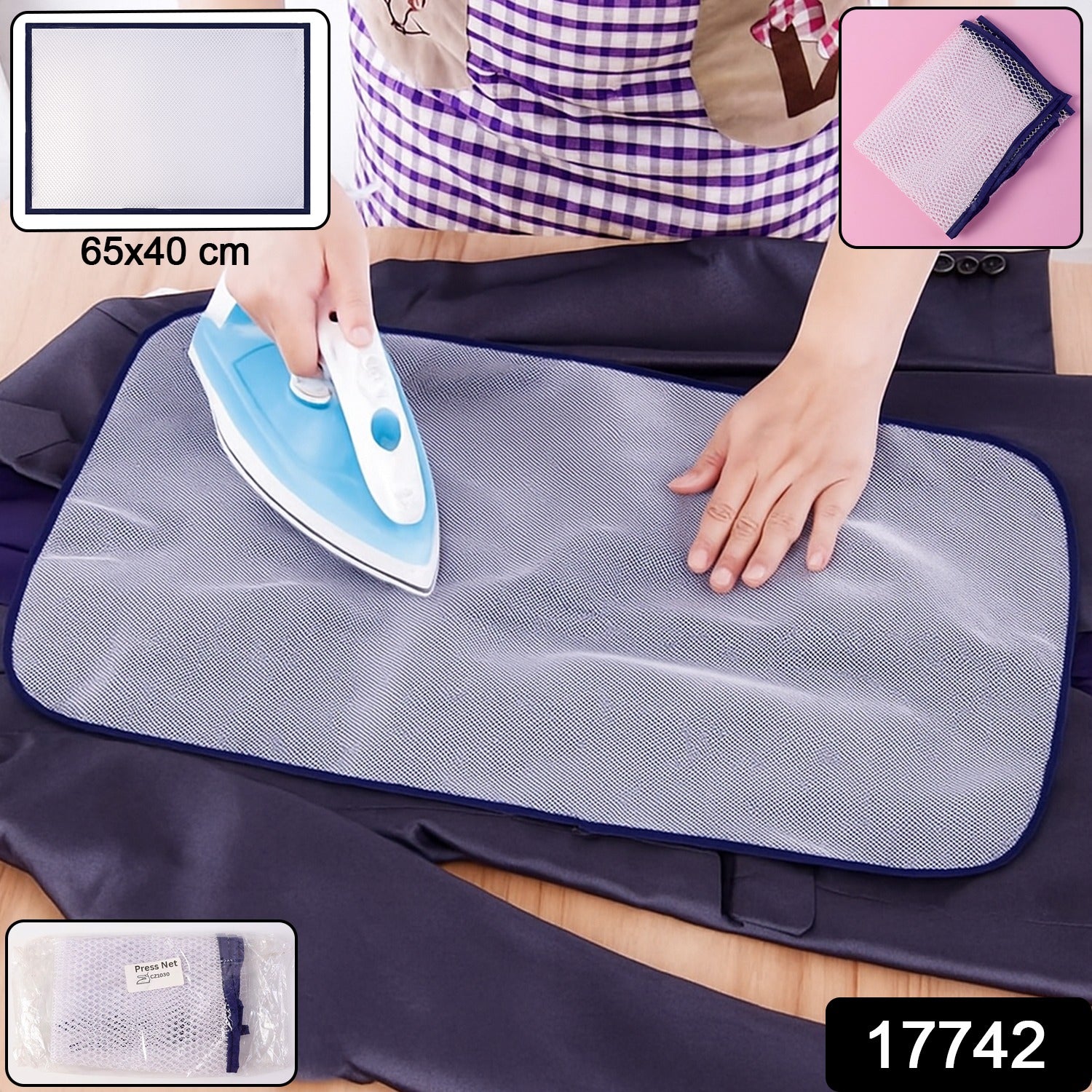 Wukusy heat-resistant ironing mesh press cloth, 65x40 cm, for protecting fabrics during pressing, shown laid flat.