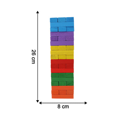 Wukusy wooden stacking tower game with 54 colorful pieces arranged in a tower on a wooden surface.
