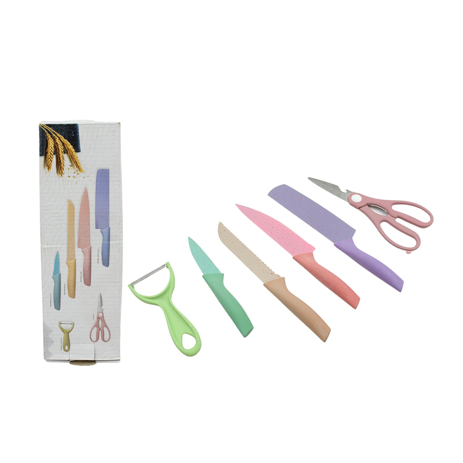 Wukusy 8174 corrugated 6-piece forged kitchen knife set with storage box, includes professional chef knives for home cooking.
