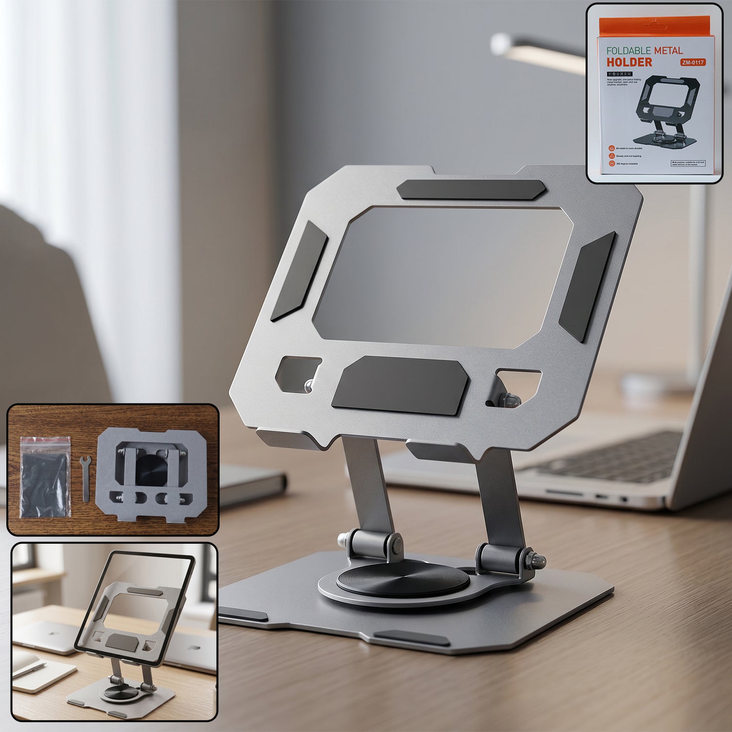 Wukusy foldable metal phone and tablet stand holder set, portable and adjustable for hands-free device use.