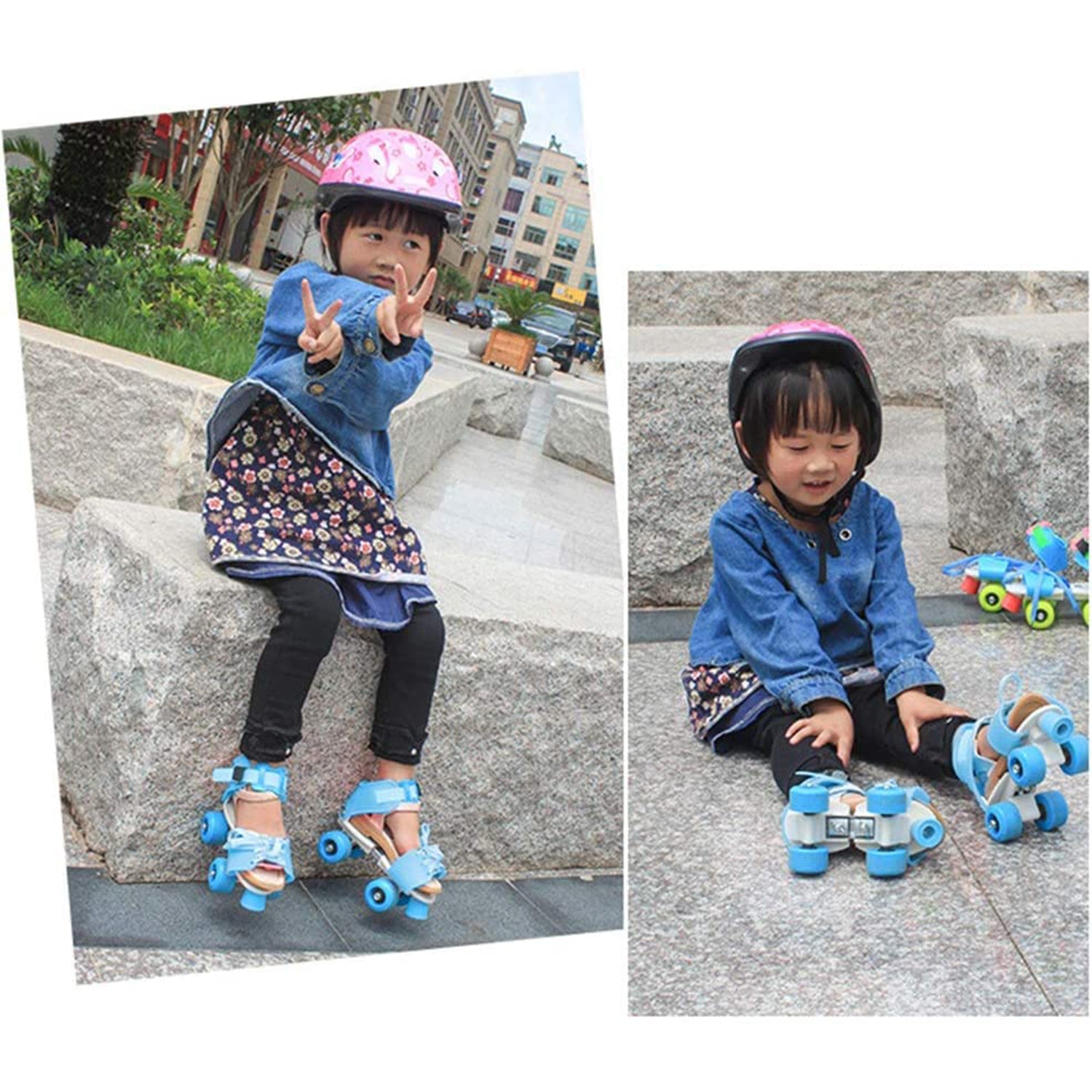Pair of Wukusy kids' roller skates, adjustable and comfortable, designed for smooth skating and fun outdoor activity.