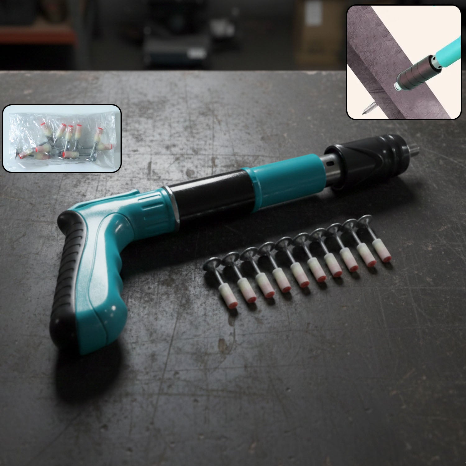 Wukusy manual wall fastening tool nail gun with steel nails set, showing the tool and nails ready for wall installation.