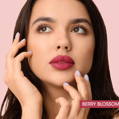 Wukusy Og Beauty Berry Blossom Moisture Lock Liquid Lipstick in 4.5ml with a sleek applicator brush, vibrant berry color, and glossy finish.