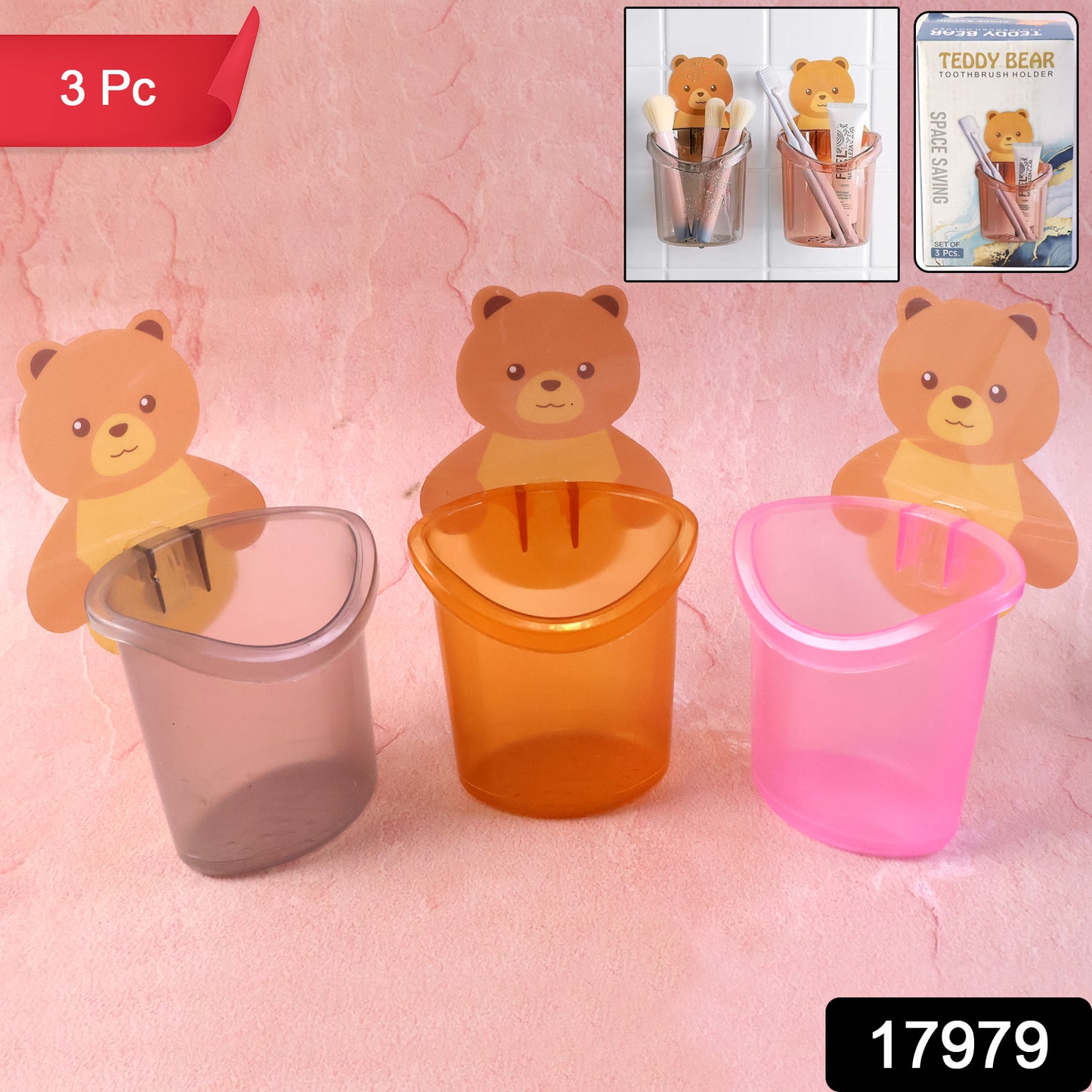 Set of three Wukusy Teddy Bear toothbrush holders for kids, featuring cute plush bear designs, perfect for children's bathroom decor.