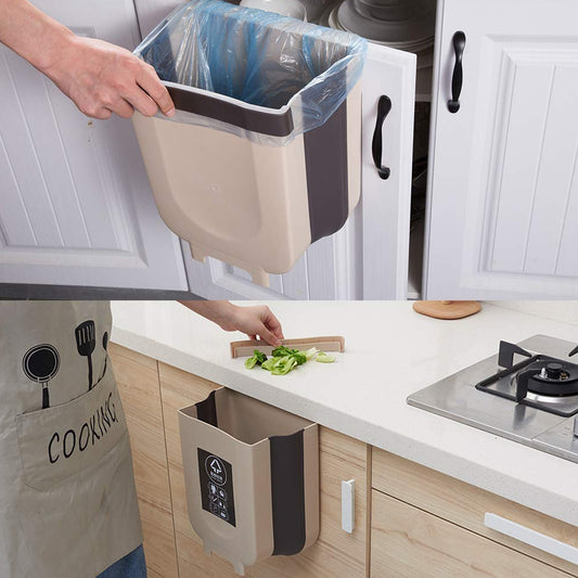 Wukusy small collapsible hanging trash can attached to a kitchen cabinet door, portable waste bin for kitchen, bathroom, or office.