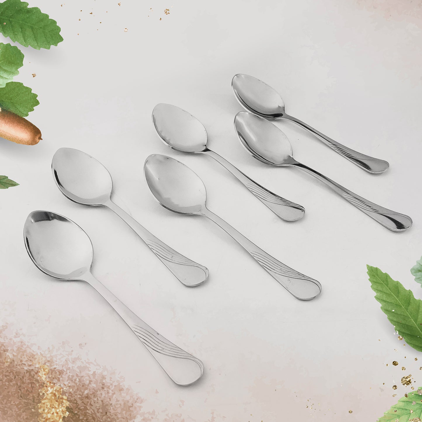 Set of six Wukusy Supermom stainless steel dining spoons with sleek handles, ideal for home and kitchen use.