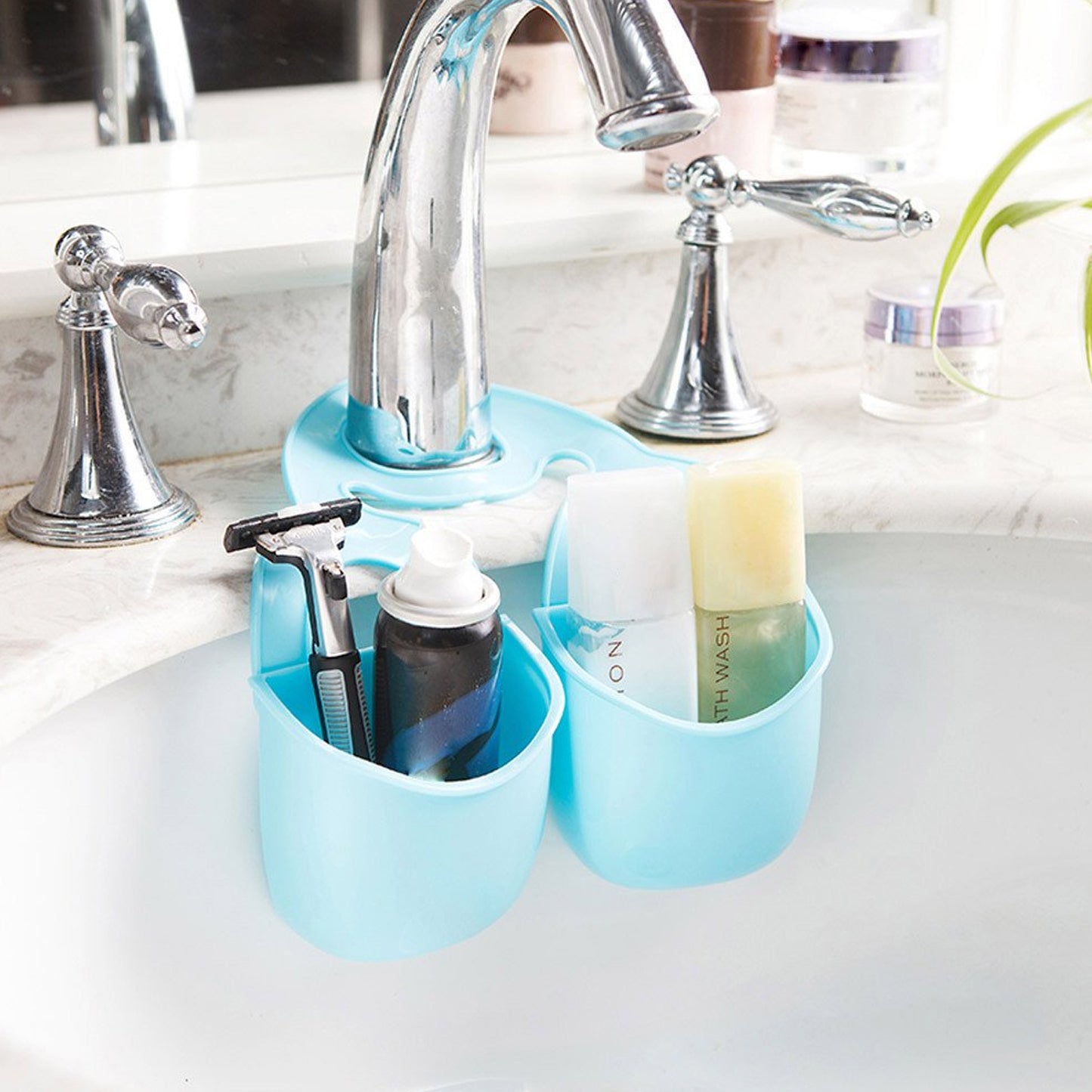 Wukusy double layer sink hanging storage basket with two compartments for kitchen organization and utensil storage.