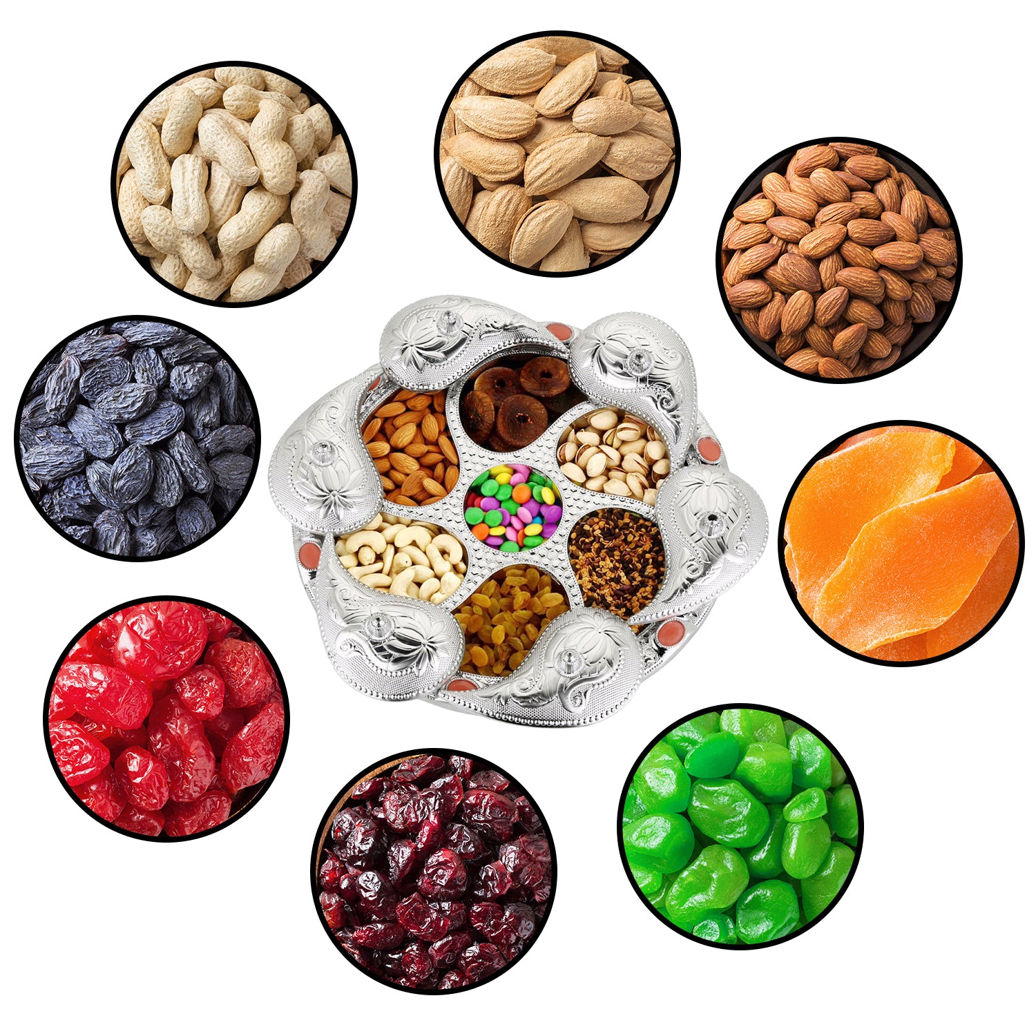 Wukusy 2075 multipurpose 7-compartment rotating dry fruit and snack serving tray with colorful compartments for kitchen storage.