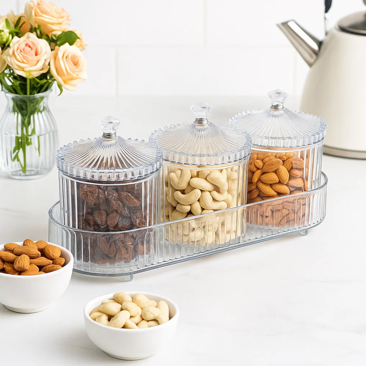 Wukusy dry fruit snack storage set with three clear plastic containers for kitchen organization and freshness.