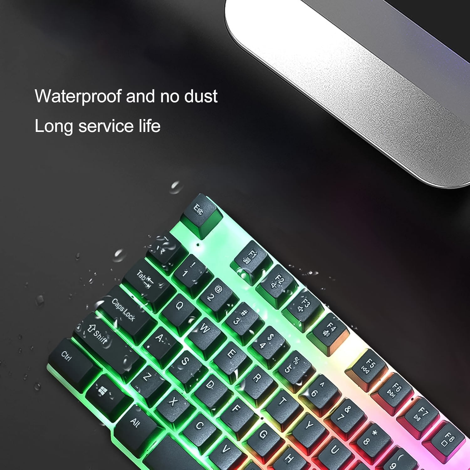 Wukusy 104-key colorful lighting keyboard and mouse set for office use, featuring vibrant backlit keys and ergonomic design.