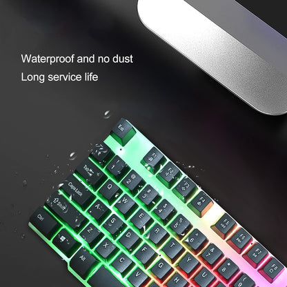Wukusy 104-key colorful lighting keyboard and mouse set for office use, featuring vibrant backlit keys and ergonomic design.