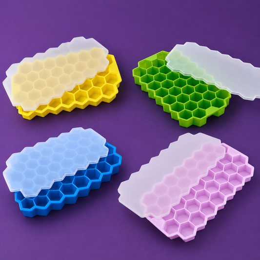 Wukusy hexagon silicone ice cube tray with lid for freezer and drinks, showing colorful silicone tray with ice cubes inside.