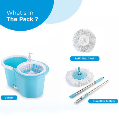 Wukusy 8702 plastic spinner bucket mop with 360-degree self-spinning wringer and two absorbent pads for home and office cleaning