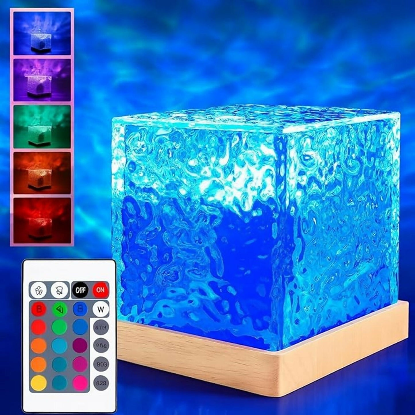 Wukusy crystal cube LED night lamp with remote, RGB color changing light, showcasing vibrant glowing crystal cube design.