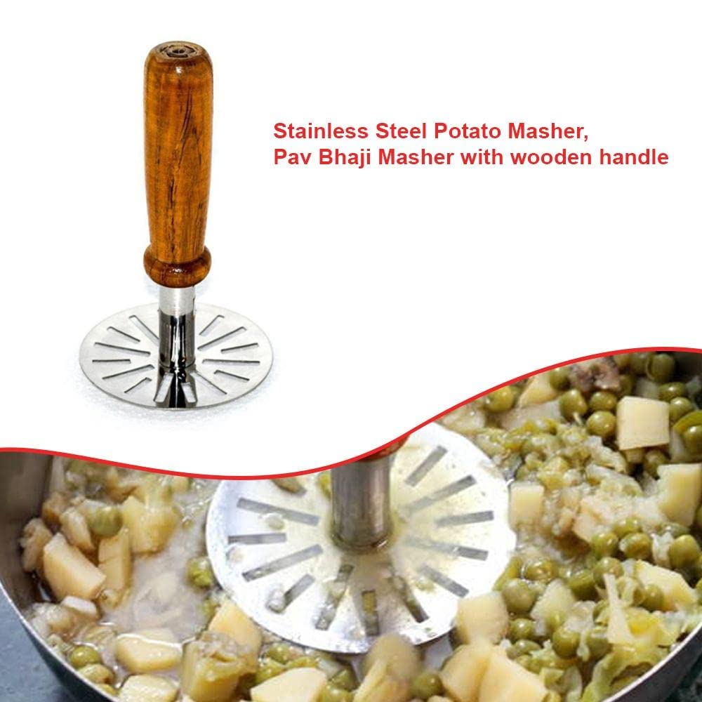 Wukusy kitchen tools set including a steel potato masher, manual whisk, spatula, pastry brush, and hand-powered blender for cooking and baking.