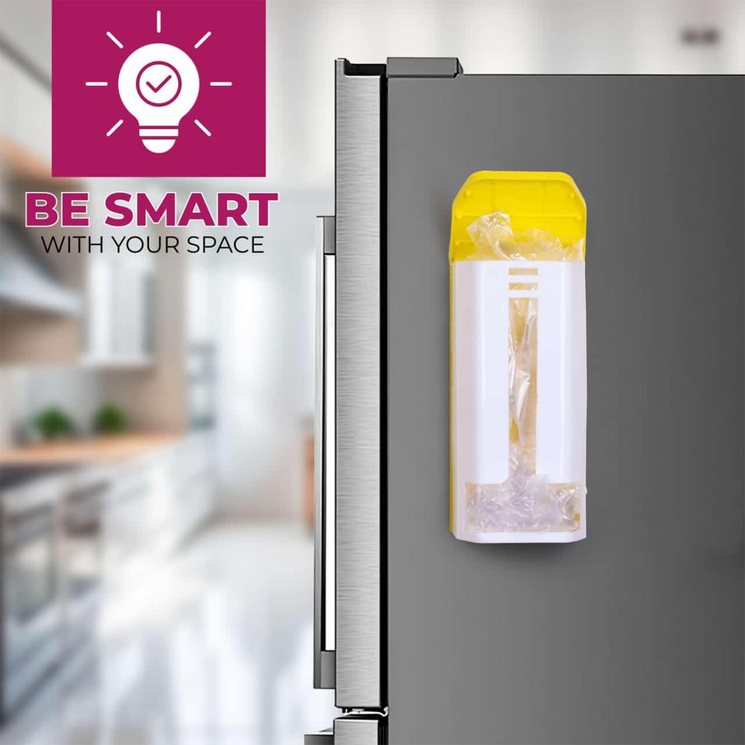 Wall-mounted plastic bag holder by Wukusy, designed for home improvement, shown mounted on a wall for convenient bag storage.