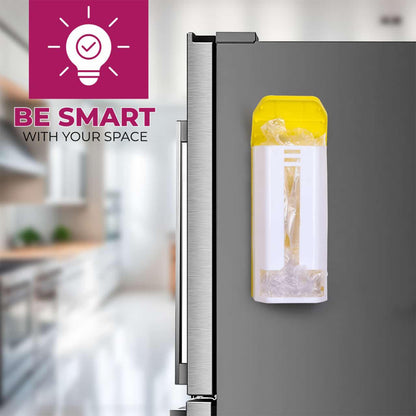 Wall-mounted plastic bag holder by Wukusy, designed for home improvement, shown mounted on a wall for convenient bag storage.