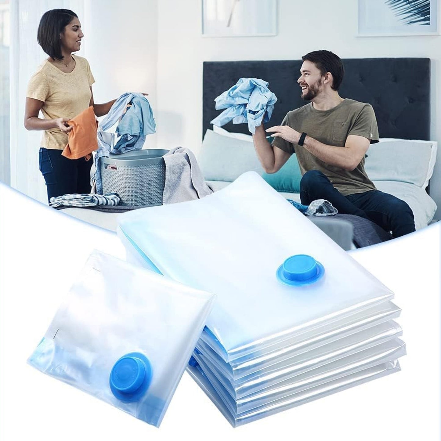 Wukusy vacuum storage bags with suction pump and shirt clips, large capacity compression bags for travel clothes, blankets, and pillows
