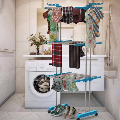 Wukusy premium heavy-duty stainless steel 3-layer foldable cloth drying stand with colorful box for laundry drying.