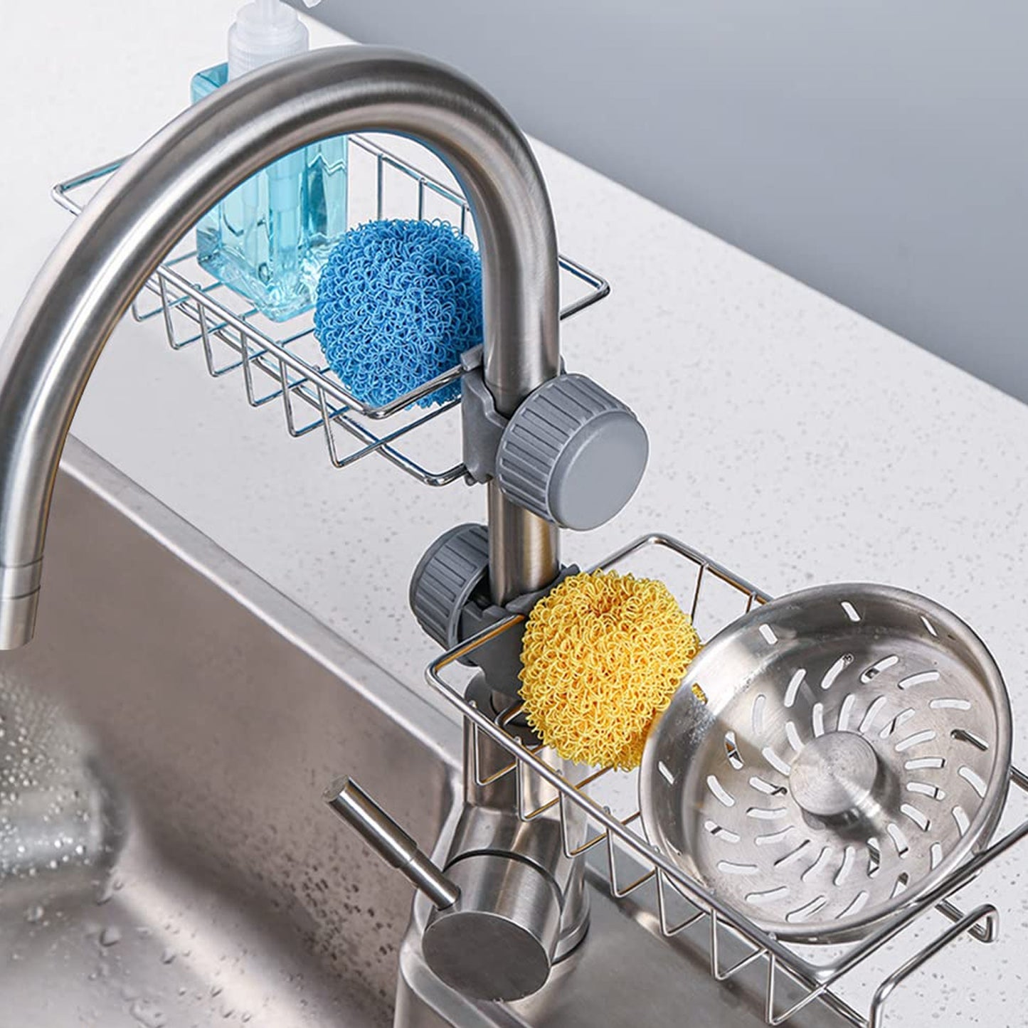 Stainless steel soap sponge holder and sink caddy organizer by Wukusy, with a sleek design for kitchen sink storage.